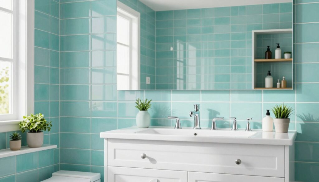 A beautifully arranged bathroom scene showcasing a vibrant, refreshed tile wall. In the foreground, clean, modern tiles in shades of aqua and white create a sleek, fresh look, with a few decorative plants on a small ledge. The middle layer features a stylish bathroom vanity with elegant fixtures and a large mirror reflecting the tile pattern. Soft, natural light filters in from a window, illuminating the space and creating a welcoming atmosphere. The background shows minimalistic shelves with neatly arranged bathroom essentials, enhancing the sense of order and tranquility. The overall mood is bright, clean, and revitalizing, embodying a cost-effective bathroom refresh without major renovations.