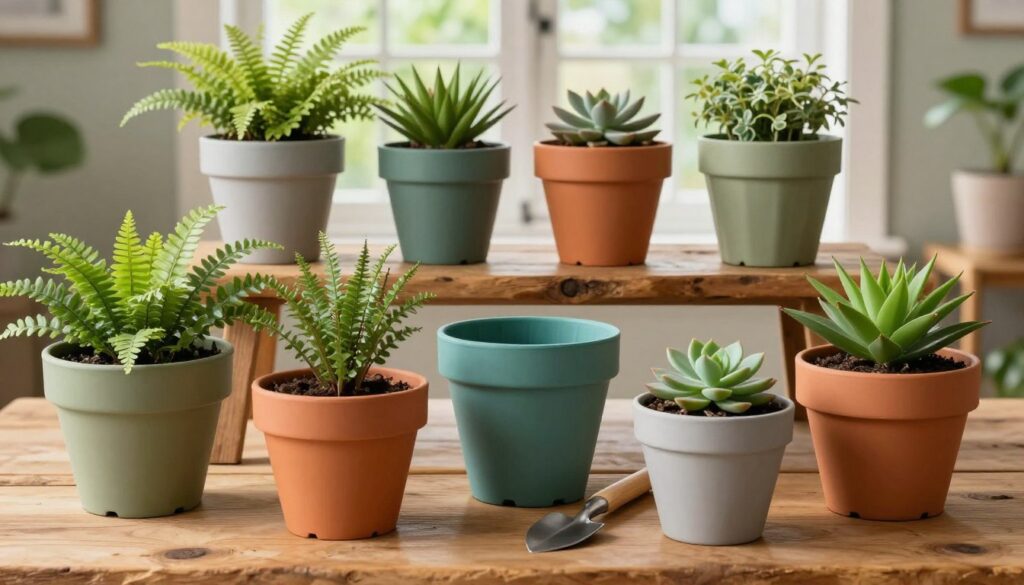 A beautifully arranged collection of unique, recycled plastic plant pots showcasing various colors and textures. The foreground features a vibrant array of pots in different shapes—some cylindrical, others geometric—filled with lush greenery like ferns and succulents, each pot displaying its own distinct style. In the middle ground, a rustic wooden table adds warmth, while a few small gardening tools are casually placed nearby. The background features a softly lit, cozy room with greenery peeking from a sunny window, enhancing the inviting atmosphere. Use natural lighting to create gentle shadows, emphasizing the textures of the recycled materials. The overall mood is fresh, creative, and environmentally friendly, suited for a stylish home interior.