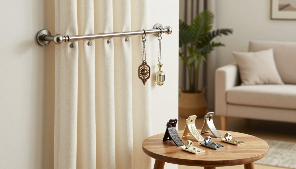 A beautifully arranged display of curtain mounting accessories in a stylish living room setting. In the foreground, a sleek metallic curtain rod with elegant finials is mounted on a light, airy wall. Nearby, a selection of decorative tiebacks and adjustable brackets are artistically placed on a small wooden table, showcasing their variety and design. The middle ground features a soft, draped curtain in a light fabric, enhancing the elegance of the space, while a tasteful sofa and potted plants are visible in the background, creating a warm and inviting atmosphere. The lighting is soft and diffused, giving a cozy feel, captured from a slightly elevated angle to highlight both the accessories and the overall room decor.