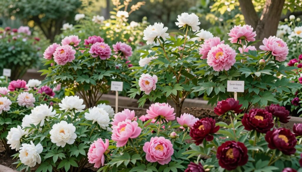 A beautifully arranged display of various peony plants, showcasing the different growth types. In the foreground, vividly colored peonies in full bloom, highlighting their lush petals in shades of pink, white, and deep burgundy. The middle ground features several peony plants at different growth stages: low sprawling types, medium-sized bush shapes, and tall upright variants, each clearly labeled by subtle plant markers. The background presents a serene garden setting with soft sunlight filtering through the leaves, casting gentle shadows. The overall atmosphere is peaceful and vibrant, suggesting a flourishing garden. The composition captures intricacy and beauty in nature while maintaining a harmonious balance. Use a soft focus to enhance the flowers' textures, with slightly blurred edges to evoke an ethereal feeling.