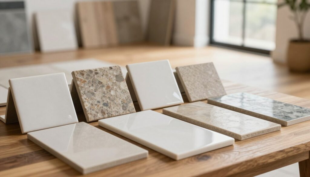 A beautifully arranged display of various tile materials and textures suitable for harmonizing with wooden flooring. In the foreground, several samples of different tiles, including glossy ceramic, matte porcelain, and textured stone, are positioned artistically on a wooden table. The middle layer features a soft-focus backdrop, showcasing a well-lit interior space that includes a wooden floor, creating a warm atmosphere. Natural light streams in from a window, highlighting the varied finishes of the tiles. The image conveys a sense of tranquility and design elegance, inspiring thoughtful choices in tile selection. The angle captures the essence of a home decor setting without any people, ensuring a clean and professional aesthetic.
