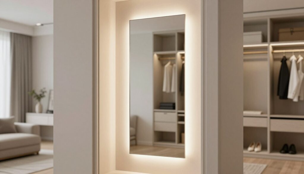 A beautifully designed closet door featuring a stylish mirror with LED backlighting, creating a depth effect. In the foreground, the sleek, reflective surface of the door enhances the sense of space. The LED lights cast a soft, warm glow along the edges, emphasizing the frame's contours. In the middle ground, exquisite details such as elegant hardware and a subtle texture of the door surface complement the mirror, while a hint of reflections creates a dynamic visual. The background shows a well-organized room, tastefully decorated with minimalistic furniture and soft, neutral colors to enhance the spacious feel. The lighting is bright and inviting, creating a serene and modern atmosphere, perfect for showcasing the ambient effect of the LED lights.