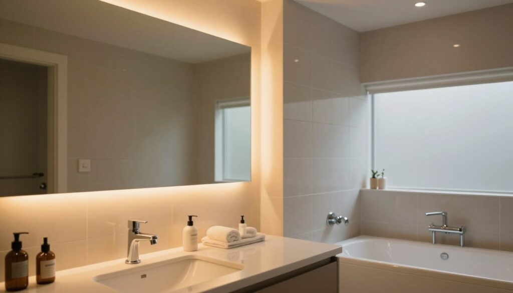 A beautifully lit bathroom interior showcasing different light color temperatures to represent various moods. In the foreground, a sleek vanity with modern fixtures and soft, warm lighting creating a cozy atmosphere. The middle layer features ambient lighting options, such as a soft yellow glow above the mirror for a relaxing vibe, and adjustable LED lights casting a bright, neutral light for practicality. The background reveals elegant tiles and a stylish bathtub under cool, daylight-like illumination, promoting a refreshing feel. The scene captures both warmth and clarity, illustrating the contrast between different lighting temperatures. The mood is serene yet functional, ideal for daily usage. Soft shadows enhance the textures of the materials, with a focus on the interplay of light and space.