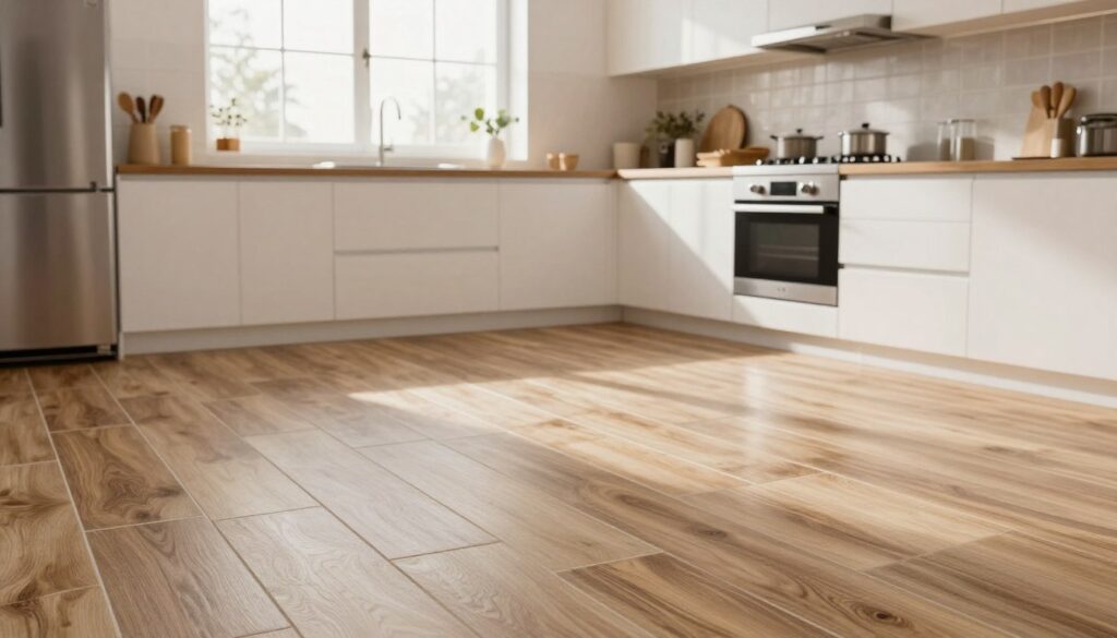 A beautifully styled kitchen with white cabinetry featuring wooden-look tiles on the floor and backsplash. The foreground shows a close-up of the textured wood-patterned tiles, highlighting the warm tones of brown and beige that contrast softly with the pristine white surfaces. In the middle background, a bright, airy kitchen space filled with natural light streaming through a large window, showcasing stainless steel appliances and stylish kitchen accessories. The atmosphere is inviting and cozy, evoking a sense of warmth amidst the minimalist aesthetic. The light is soft and warm, captured from a slight angle to emphasize depth, allowing the wood-like textures of the tiles to shine through without any clutter or distractions.