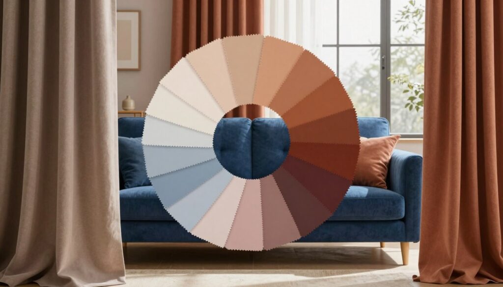 A beautifully styled living room featuring a deep blue sofa as the central piece, surrounded by elegant curtains in hues that complement the color wheel. In the foreground, showcase soft drapes in warm earthy tones like taupe and terracotta, blending seamlessly with the vibrant backdrop. In the middle, present various fabric swatches arranged in a circular color wheel format, demonstrating complementary and contrasting shades that could harmonize with the blue sofa. The background features a cozy, softly-lit room with natural light streaming through large windows, casting gentle shadows that enhance the ambiance. The scene should evoke a sense of calm and sophistication, with a modern aesthetic that invites cozy gatherings. Use a warm color palette and focus on clarity and detail in textures to create an inviting atmosphere without any text or distracting elements.