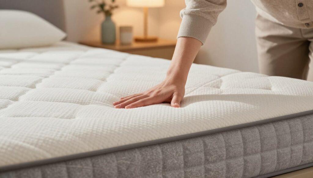 A close-up image showcasing a person testing mattress support using the "hand test" method. The individual, dressed in comfortable yet professional attire, gently presses their hand into a plush mattress on display. The focus is on the hand sinking slightly into the surface to illustrate the level of support. In the background, softly lit bedroom decor featuring calming colors and a neatly made bed enhances the serene atmosphere. The lighting is warm and inviting, casting soft shadows to emphasize the texture of the mattress. The angle of the shot is slightly above, offering a clear view of the mattress's surface and the person's hand, creating an informative yet soothing environment that invites contemplation of comfort and spinal health.