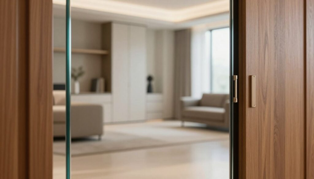 A close-up of a modern, polished glass mirror emphasizing its optimal thickness for durability, with reflections showcasing a spacious interior. In the foreground, a beautifully crafted wooden wardrobe door slightly ajar reveals the mirror's edge, demonstrating its sturdy construction. The middle ground features soft, ambient lighting that highlights the glass's clarity, while the background presents a stylishly decorated room with minimalistic furniture to enhance the sense of space. The atmosphere is sophisticated and bright, conveying a sense of openness and elegance. The composition is framed with a shallow depth of field, drawing attention to the mirror's quality and craftsmanship in a professional and appealing manner.