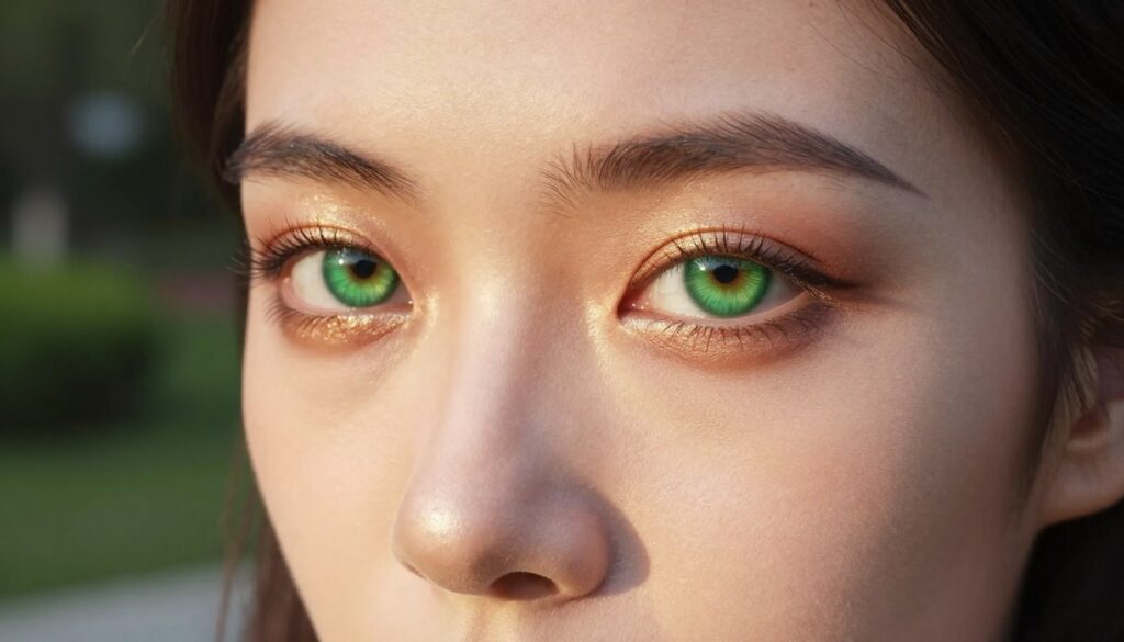 A close-up of a pair of striking green eyes, reflecting warmth and vibrancy. The eyes are adorned with subtle, warm metallic eyeshadow, enhancing their color and drawing attention to the irises. The makeup showcases hues of gold and bronze, creating a luminous effect that seems to catch the light. Soft, natural lighting illuminates the face from the side, casting gentle shadows and highlighting the eyelashes. In the background, a soft-focus garden setting adds a touch of nature, with hints of greenery that complement the eye color. The overall mood is inviting and serene, emphasizing the beauty and depth of the eyes without distractions. The model is wearing a modest and elegant outfit, ensuring the focus remains on the eyes and makeup.