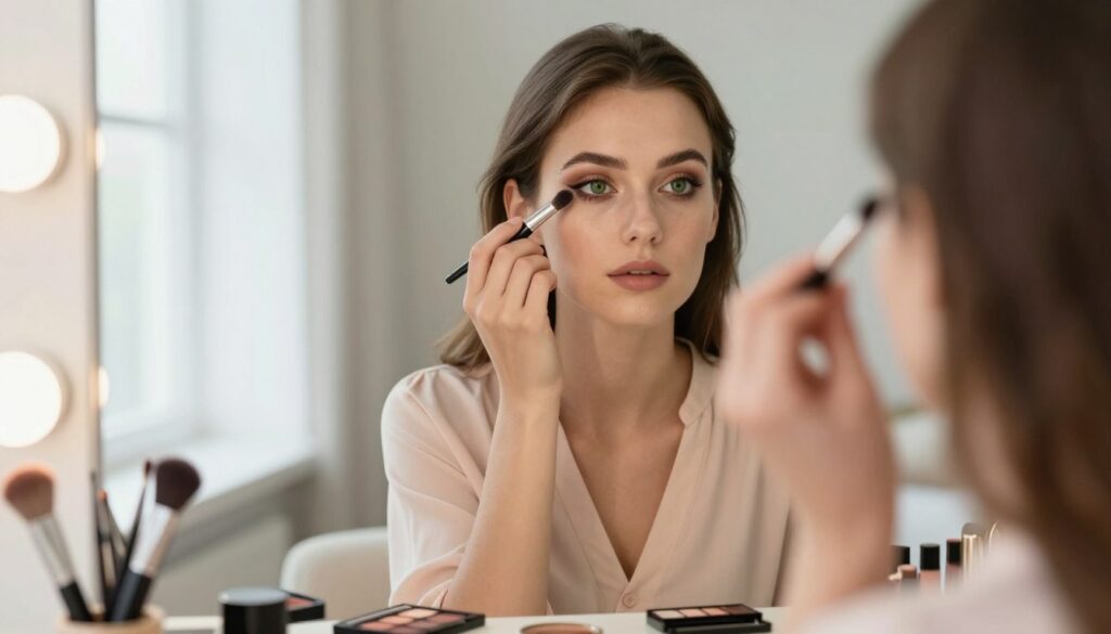 A close-up of a young woman with green eyes, sitting at a vanity illuminated by soft, natural light from a nearby window. She is applying eyeshadow in front of a mirror, showcasing common mistakes in makeup for green eyes, such as overly dark shades, mismatched eyeliner, and poorly blended eyeshadow. The foreground features makeup tools scattered around, including brushes and eyeshadow palettes. In the background, a soft-focus room with a cozy, inviting atmosphere creates a warm mood. The woman is dressed in a modest pastel blouse that reflects a professional but approachable style. The overall composition highlights the intimate setting while focusing on the makeup application technique.