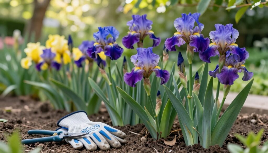 A close-up of irises (kosaćce) in a meticulously maintained garden, showcasing vibrant blooms with rich blues, purples, and yellows. In the foreground, a pair of gardening gloves and pruning shears rest on freshly turned soil, symbolizing care and maintenance. The middle ground features healthy, lush irises displaying various stages of bloom, highlighting the beauty of proper care while focusing on avoiding common mistakes. In the background, soft sunlight filters through leafy canopies, casting gentle, dappled shadows on the flower beds. The mood is serene and encouraging, encapsulating the essentials of iris care while preventing overgrowth and decay. Shot with a shallow depth of field to emphasize the flowers, creating an inviting and lush atmosphere, ensuring clarity and depth without any textual distractions.