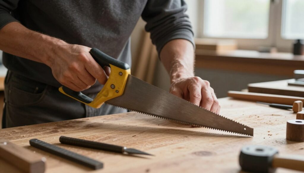 A close-up view of a craftsman sharpening the teeth of a hand saw for woodworking, focusing on the precision of the sharpening techniques. The scene features the craftsman wearing modest, practical clothing, intently inspecting the saw’s teeth against a wooden workbench. Various sharpening tools, such as a file and gauge, are neatly arranged nearby. The background should depict a well-lit workshop, with soft, natural light filtering through a window, casting gentle shadows. The atmosphere is focused and industrious, emphasizing craftsmanship and attention to detail, reflecting the precise geometry and technique required for effective saw sharpening.