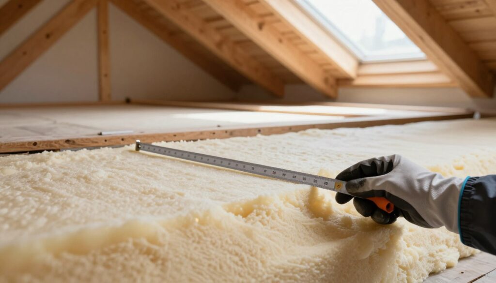 A close-up view of a freshly applied layer of polyurethane foam insulation, showcasing its thickness and texture. In the foreground, a hand in a protective glove is holding a measuring tool next to the foam, emphasizing its dense and fluffy appearance. The middle layer features a partially insulated attic space with wooden beams and exposed roof, highlighting the application process of foam insulation on uneven surfaces. The background should include soft, diffused natural light filtering through a window, casting gentle shadows that enhance the three-dimensional quality of the foam. The overall atmosphere is professional and clean, conveying a sense of expertise in home insulation techniques.