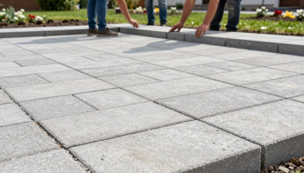 A close-up view of a neatly arranged pattern of concrete paving slabs (płyty chodnikowe) on a well-prepared ground surface. The foreground showcases the texture of the slabs with small gaps filled with gravel, emphasizing their utilitarian design. In the middle ground, workers in modest casual clothing are engaging in the process of setting the slabs, demonstrating proper techniques and teamwork. The background features a neatly landscaped area, suggesting a residential environment with green grass and scattered flower beds. Utilize natural daylight to illuminate the scene, casting soft shadows for a realistic effect. The overall mood is focused and productive, capturing the essence of installation and groundwork preparation for paving.