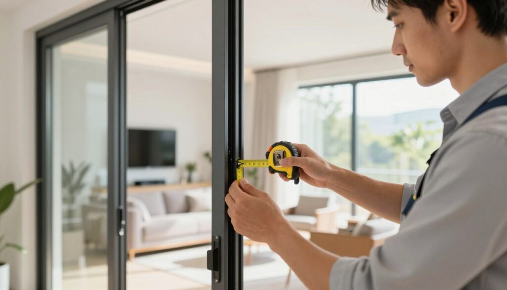 A close-up view of a professional installing sliding patio doors in a modern home setting. In the foreground, a skilled technician in smart casual attire is carefully measuring the door frame with a tape measure, showcasing his focus on precision. The middle ground features the sleek sliding doors, partially opened, revealing a bright and inviting living space with contemporary decor. In the background, natural light floods the room from large windows, enhancing the sense of openness. Soft shadows create a welcoming atmosphere, emphasizing the importance of accurate measurement and installation. Use a bright and inviting color palette, with a depth of field that blurs the background slightly to focus on the installation process. The image should convey a mood of professionalism and attention to detail in home improvement.