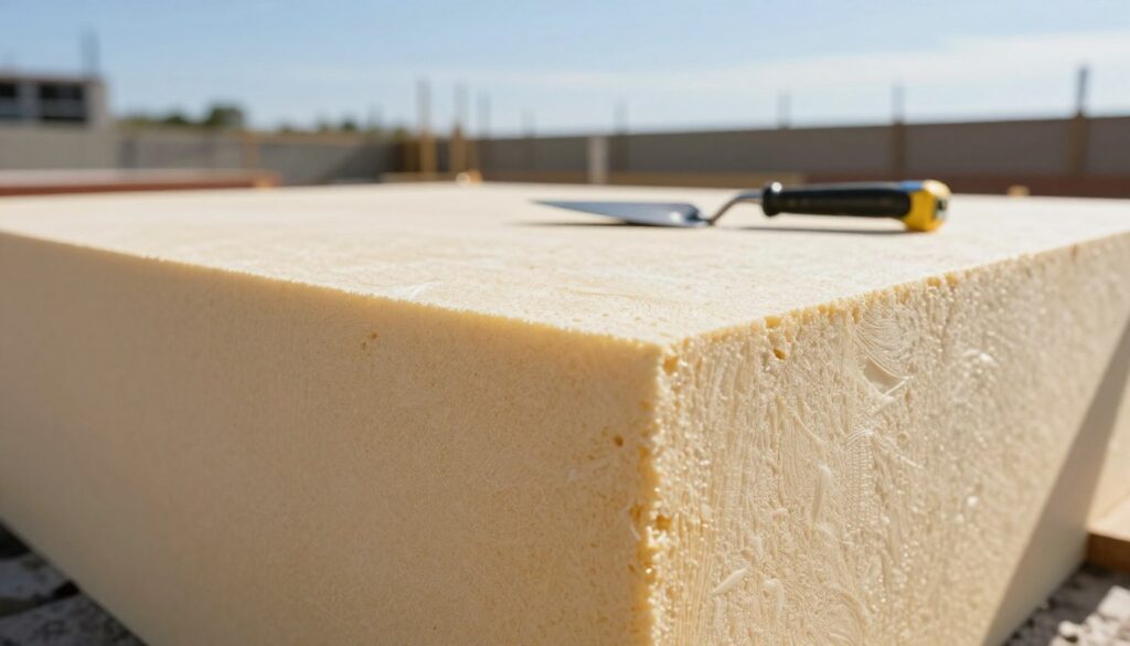 A close-up view of a styropian fundamentowy, showcasing an insulation panel with detailed texture and structure. The foreground focuses on the panel itself, highlighting its smooth, rigid surface and distinctive edges, reflecting its role in thermal insulation and moisture protection. In the middle ground, include a partially constructed foundation, where the styropian is being applied, with tools like a trowel and measuring tape arranged methodically. The background features a construction site with a clear blue sky, soft sunlight casting gentle shadows, and distant outlines of a building silhouette. The mood conveys a sense of professionalism and technical precision, emphasizing the importance of selecting the right insulation materials for foundations. The image should be in high resolution for clarity and detail.