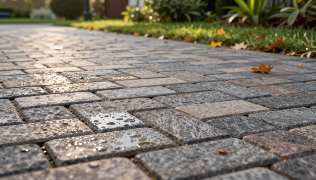 A close-up view of beautifully laid "kostka brukowa" (paving stones) on a well-maintained driveway, showcasing the intricate textures and colors of the stone surface. In the foreground, focus on a section of the surface glistening with water droplets, hinting at recent treatment for weatherproofing. The middle ground features scattered leaves in autumn hues, adding seasonal context. In the background, a softly blurred garden with lush greenery suggests a healthy outdoor environment. The lighting is warm and inviting, simulating late afternoon sun, with soft shadows enhancing the stone’s patterns. Capture the mood of resilience and protection associated with the paving's preparation for winter weather.