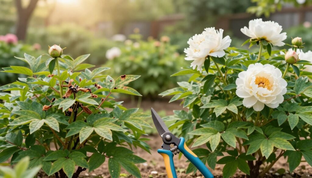 A close-up view of common mistakes in peony pruning, with a focus on two peony bushes in the foreground. One bush is severely over-pruned, showing stunted growth and brown edges on the leaves, while the other is correctly pruned, displaying lush green foliage and blooming flowers. In the middle, include a pair of garden shears, highlighting improper cutting angles. The background features a serene garden scene with soft sunlight filtering through, casting gentle shadows. Use a shallow depth of field to emphasize the mistakes while maintaining a warm, inviting atmosphere, conveying both a sense of care and the consequences of poor gardening practices.