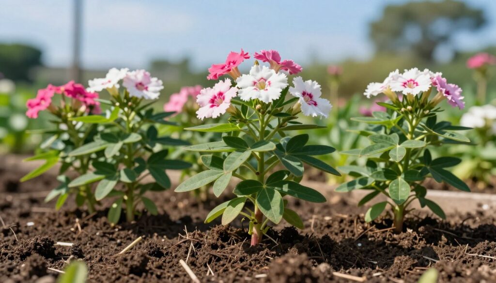 A close-up view of healthy clove plants (Dianthus) in a garden setting, showcasing their lush green foliage and vibrant flowers in shades of pink and white. In the foreground, focus on the rich, dark soil, emphasizing its texture and moisture to illustrate optimal soil conditions. The middle section features several thriving clove plants, demonstrating their growth habits and spacing requirements. In the background, a clear blue sky contrasts with the greenery, providing a bright, sunny atmosphere indicative of ideal growing conditions. Soft, natural lighting highlights the plants and soil, creating an inviting and warm mood. The image captures the essence of soil requirements and appropriate site selection for planting cloves in a garden.