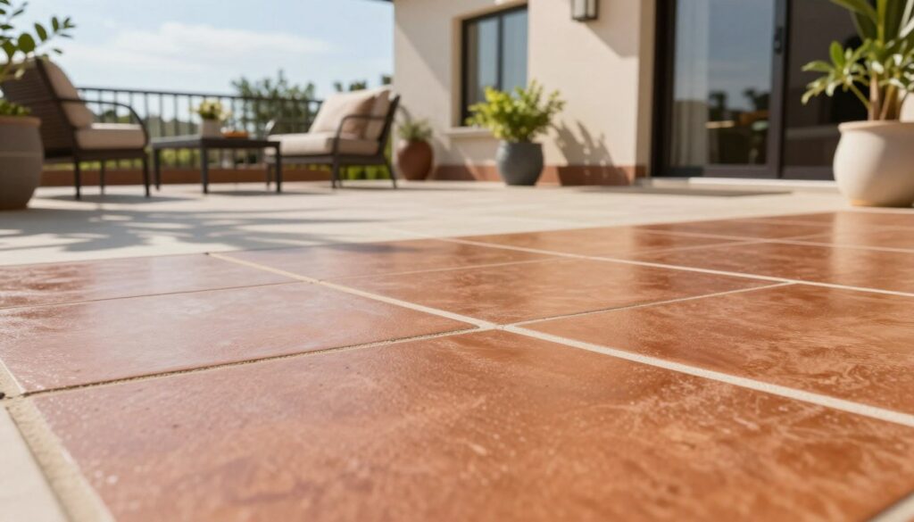 A close-up view of "kolor fugi" displayed prominently in the foreground, emphasizing its smooth texture and vivid hues. In the middle ground, showcase a partially tiled terrace with stylish outdoor furniture and decorative plants that complement the grout color, reflecting contemporary aesthetics. The background should feature a sunny outdoor scene, with clear skies and soft, natural light illuminating the space, enhancing the rich tones of the grout. The mood is fresh and inviting, suggesting practicality and elegance suitable for outdoor living. The image should be shot from a slightly elevated angle to capture both the details of the grout and the overall ambiance of the terrace setting. A close-up view of "kolor fugi" displayed prominently in the foreground, emphasizing its smooth texture and vivid hues. In the middle ground, showcase a partially tiled terrace with stylish outdoor furniture and decorative plants that complement the grout color, reflecting contemporary aesthetics. The background should feature a sunny outdoor scene, with clear skies and soft, natural light illuminating the space, enhancing the rich tones of the grout. The mood is fresh and inviting, suggesting practicality and elegance suitable for outdoor living. The image should be shot from a slightly elevated angle to capture both the details of the grout and the overall ambiance of the terrace setting.