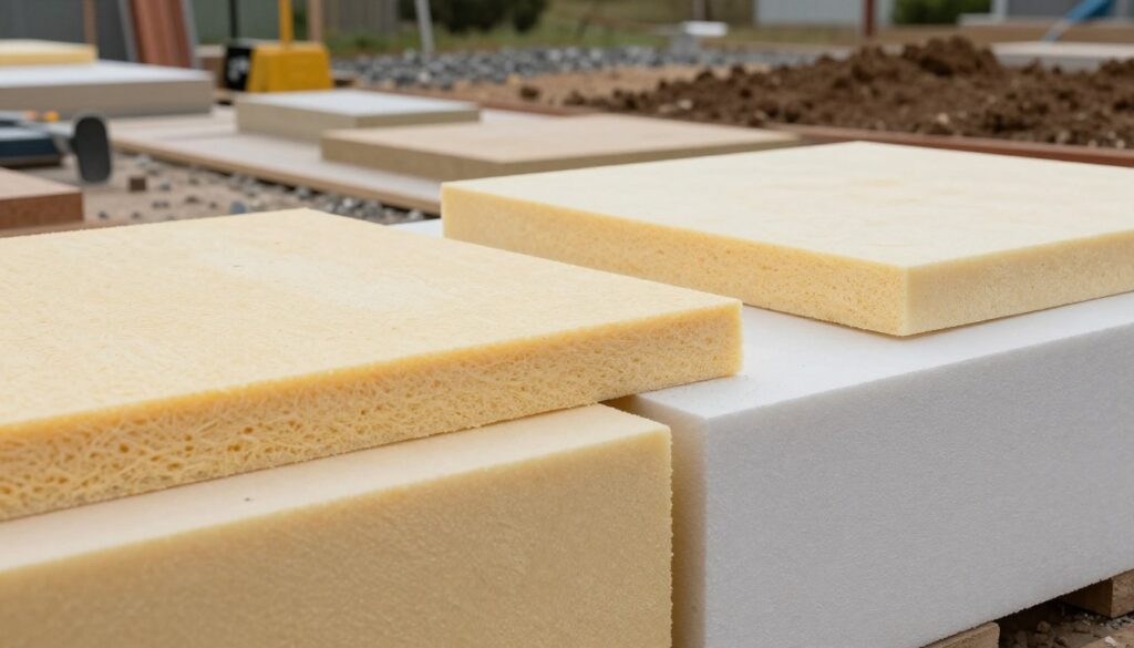 A close-up view of layered styropian (expanded polystyrene) foundations, showcasing various types of insulation materials specifically designed for moisture protection and thermal efficiency. In the foreground, focus on cut sections of solid, rigid styropian panels—some with textured surfaces for added grip and others with smooth finishes. The middle ground features a construction site with these panels being installed, surrounded by tools and machinery. In the background, an earthy landscape with gravel and soil that indicates different soil conditions. Soft, natural lighting highlights the materials, creating a professional atmosphere, while a slight, warm hue conveys a sense of reliability and durability. Avoid any human presence to maintain focus on the materials.