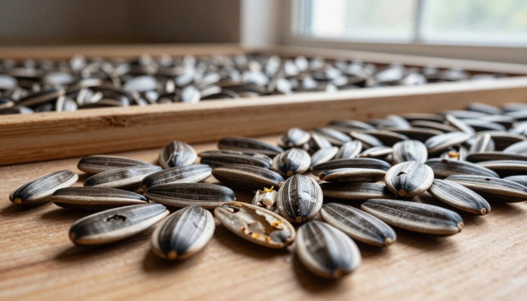 A close-up view of sunflower seeds drying on a wooden surface, showcasing the subtle imperfections and the results of improper drying techniques. In the foreground, a handful of seeds exhibit signs of moisture retention, some slightly moldy and others cracked, highlighting the errors in the drying process. The middle layer features a rustic setting with a drying rack and scattered seeds, capturing a sense of urgency and caution. In the background, soft natural light streams through a window, creating a warm, inviting atmosphere that contrasts with the seeds' distress signals. The image emphasizes detail and texture, focusing on the seeds while providing an educational yet visually appealing aesthetic.