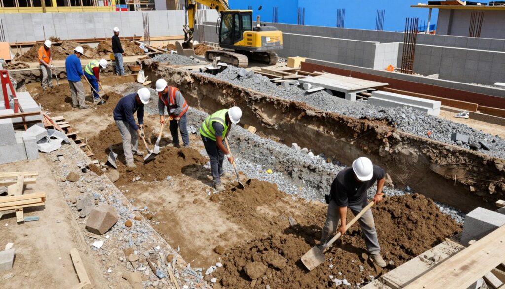 A construction site scene showcasing the stages of excavation and ground preparation for a masonry garage foundation. In the foreground, a team of diverse workers, dressed in hard hats and professional work attire, is actively digging with shovels and operating a small excavator. The middle ground features a freshly dug trench, with exposed soil and compacted gravel, highlighting the careful preparation process. In the background, a clear blue sky peeks through a construction zone, with outlines of materials like concrete blocks and rebar. The lighting is bright and even, emphasizing the industrious atmosphere of the site. Capture this scene from a slightly elevated angle to provide a comprehensive view of the operations taking place. A construction site scene showcasing the stages of excavation and ground preparation for a masonry garage foundation. In the foreground, a team of diverse workers, dressed in hard hats and professional work attire, is actively digging with shovels and operating a small excavator. The middle ground features a freshly dug trench, with exposed soil and compacted gravel, highlighting the careful preparation process. In the background, a clear blue sky peeks through a construction zone, with outlines of materials like concrete blocks and rebar. The lighting is bright and even, emphasizing the industrious atmosphere of the site. Capture this scene from a slightly elevated angle to provide a comprehensive view of the operations taking place.
