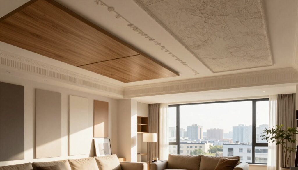 A contemporary interior space showcasing a variety of ceiling finishes. In the foreground, a stylish living room decorated with samples of textured ceiling options like wooden panels, plaster art, and decorative moldings. The middle layer features a well-lit space highlighting color swatches, showcasing the contrast between matte and glossy finishes. Ample sunlight streams through large windows, casting soft shadows and creating a warm, inviting atmosphere. In the background, a beautiful cityscape is visible through the windows, enhancing the sense of elegance in the home. The mood is creative and inspiring, encouraging viewers to envision their own unique ceiling design choices in a modern setting.