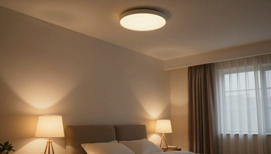 A cozy bedroom interior showcasing various lighting solutions, emphasizing the technical aspects of bedroom lighting. In the foreground, a stylish bedside lamp with warm, diffused light, casting gentle shadows on the textured wall. In the middle ground, a modern ceiling fixture with adjustable brightness and color temperature, providing a soft, inviting glow. The background features a window with sheer curtains, allowing soft natural light to filter in. The atmosphere is serene and relaxing, highlighting the balance between artificial and natural light sources. Capture the scene using a wide-angle lens to showcase the room's layout, with a warm color palette to enhance the cozy mood, emphasizing comfort and tranquility ideal for restful sleep.