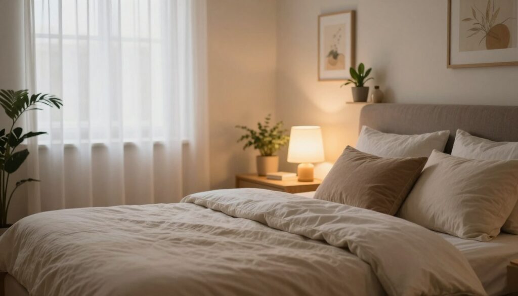 A cozy bedroom scene designed to create a warm and inviting atmosphere. In the foreground, a plush bed with soft, inviting bedding in neutral tones, accented by layered pillows. A bedside table holds a softly glowing lamp, casting a gentle yellow light that enhances the room's comforting vibe. The middle ground features a softly lit window with sheer curtains allowing subtle, diffused natural light to filter in, adding to the serene ambiance. The background includes a carefully arranged collection of indoor plants and warm-toned artwork on the walls. The image is captured with a soft focus lens at a slight angle, creating a tranquil and relaxing mood, suitable for promoting comfort and restful sleep.