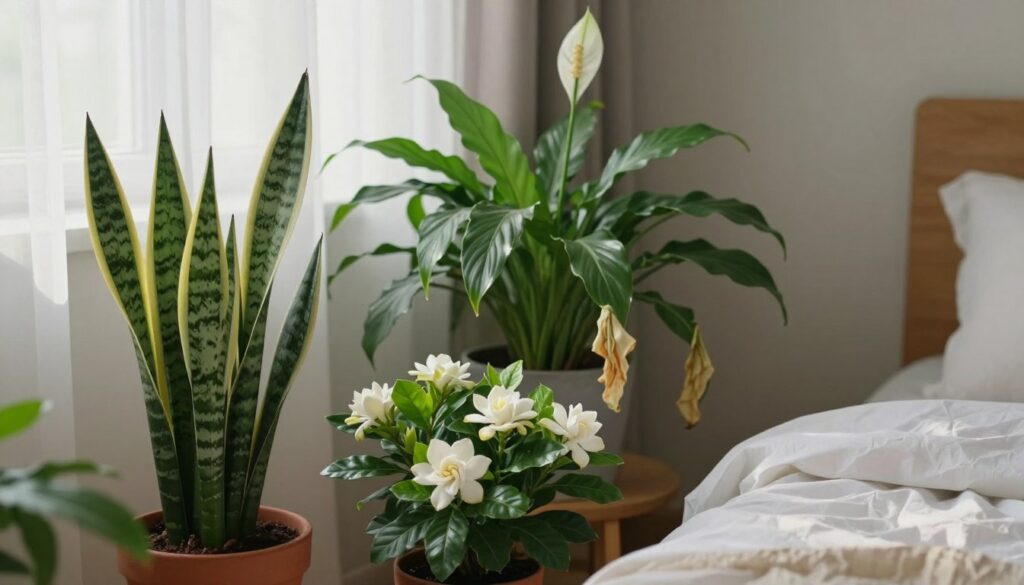 A cozy bedroom scene featuring various indoor plants that are generally unsuitable for relaxation. In the foreground, showcase a potted snake plant with sharp leaves and a spiky appearance next to a vibrant, flowering plant known for its strong scent, like gardenia. In the middle ground, include a peace lily with droopy leaves and an unhealthy, wilted appearance, symbolizing plants to avoid. The background should feature soft, muted colors that evoke a serene atmosphere, with soft natural light filtering through sheer curtains, creating calming shadows. Capture the scene from a slightly elevated angle, emphasizing the foliage's textures and the room's inviting yet conflicting ambiance. The overall mood should remind viewers of caution in choosing bedroom plants while maintaining aesthetic appeal.
