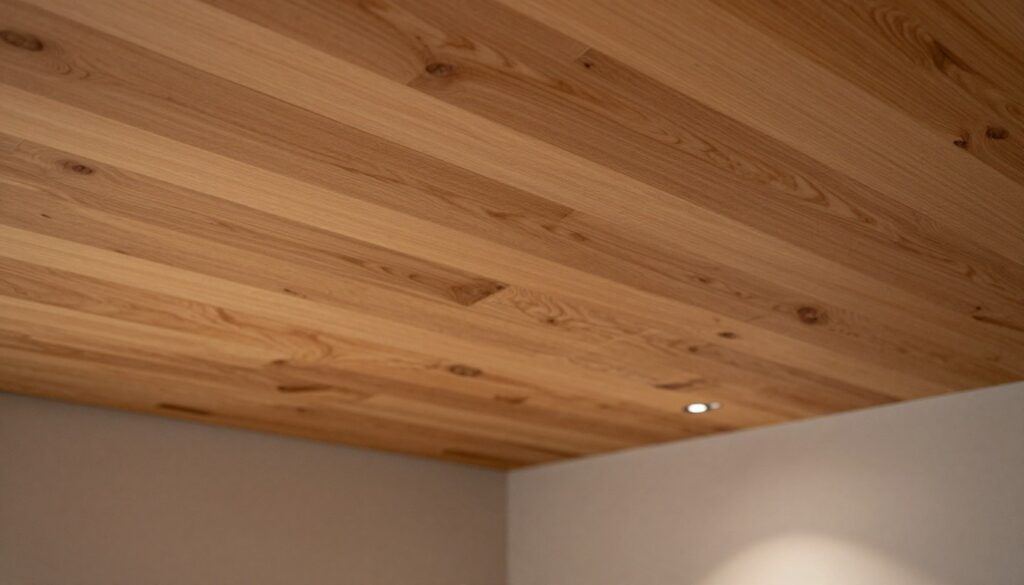 A cozy interior setting featuring a wooden ceiling adorned with elegant wooden panels. The foreground showcases an organic wooden panel smoothly integrated into the ceiling with natural grain visible, suggesting a warm and inviting atmosphere. In the middle ground, soft recessed lighting illuminates the wood, casting gentle shadows that enhance the texture and depth. The background includes subtle, muted walls painted in a neutral tone, allowing the wooden panels to be the focal point. The scene is captured from a slightly upward angle, emphasizing the ceiling's design while promoting a sense of spaciousness. The overall mood is tranquil and harmonious, reflecting the beauty of natural materials in interior design.