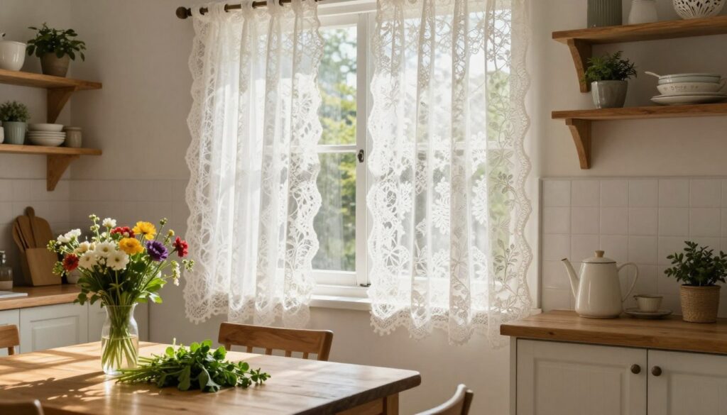 A cozy kitchen scene featuring charming lace curtain valances, known as "firanki," adorning a bright window. In the foreground, a wooden kitchen table is set with fresh herbs and a vase of colorful flowers, creating a warm atmosphere. The middle ground showcases the lace curtains gently billowing in a soft breeze, filtering sunlight to cast delicate shadows on the countertop. In the background, there are rustic shelving with decorative kitchenware and potted plants, enhancing the inviting environment. The lighting is natural, with a soft glow, suggesting a sunny day. The overall mood is relaxing and homey, perfect for representing practical yet stylish kitchen solutions. The angle is slightly elevated, giving a comprehensive view of the space.
