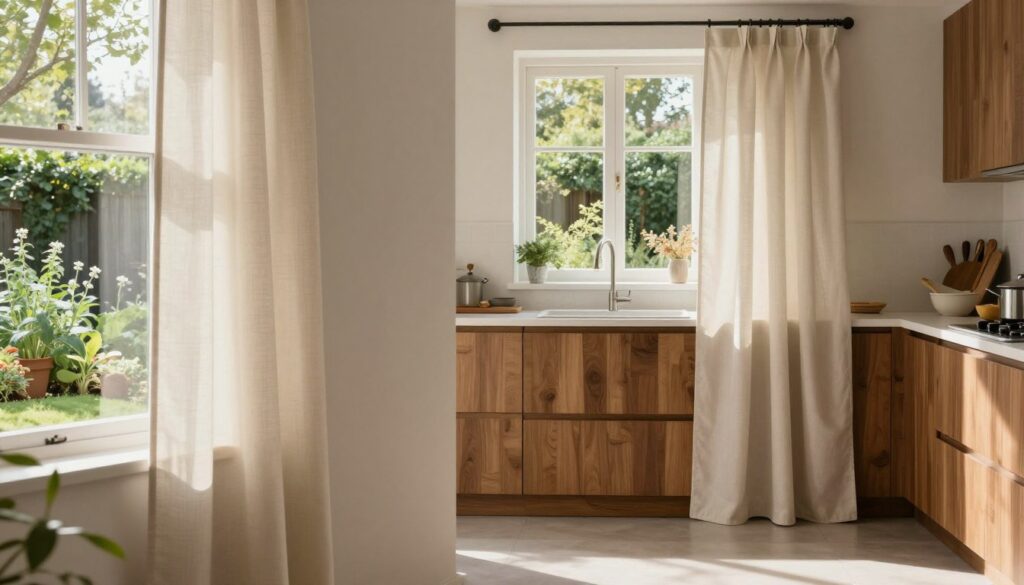 A cozy kitchen scene featuring elegant, functional kitchen curtains ("firany kuchni") made from durable, stain-resistant fabric. In the foreground, a charming window adorned with soft, flowing curtains in a warm, neutral color, gently diffusing natural light. The middle layer includes a stylish, modern kitchen with wooden cabinets, a sleek countertop, and tasteful kitchenware visible. The background showcases a lively, herbal garden just outside the window, adding a touch of freshness to the atmosphere. Sunlight streams in, creating a warm, inviting glow. Emphasize an inviting and practical ambiance that balances comfort and functionality, ideal for a busy kitchen environment.