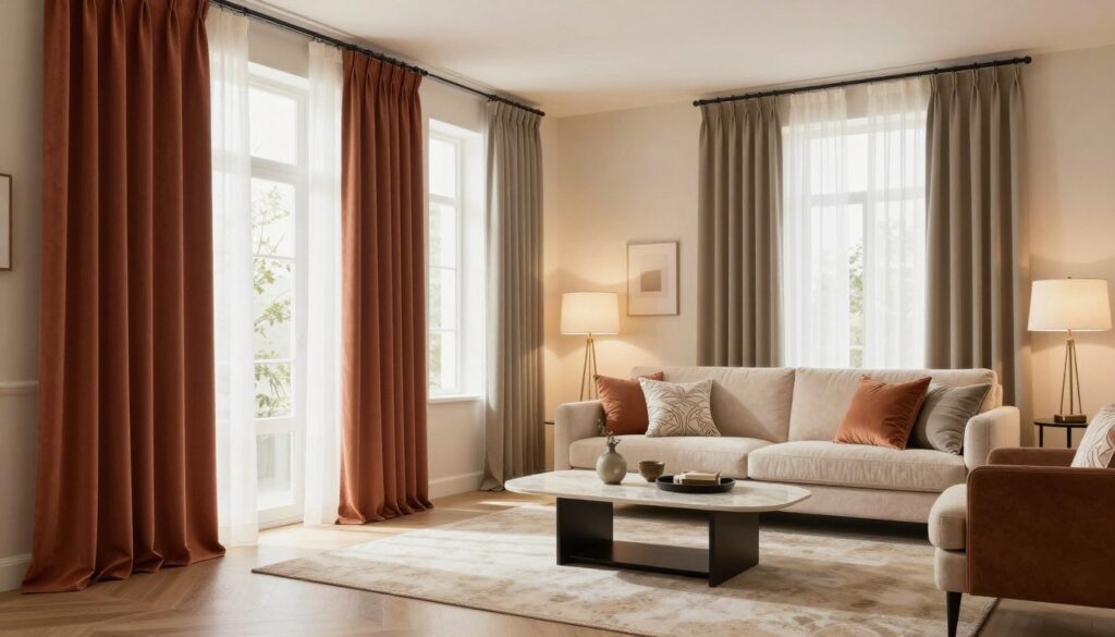 A cozy living room featuring soft, creamy walls that create a warm and inviting atmosphere. In the foreground, elegant curtains in rich, contrasting colors drape gracefully over large windows, reflecting a contemporary style. The middle ground showcases a plush sofa adorned with decorative pillows that enhance the room's character. A stylish coffee table is placed in front, surrounded by tasteful decor accents. In the background, subtle lighting from modern lamps casts a soft glow, illuminating the space and highlighting the textures of the materials used in the furnishings. The scene is peaceful and well-composed, presenting a harmonious design that emphasizes the importance of fabric choices in enhancing the interior's overall aesthetic. The angle captures the entire room, inviting viewers to appreciate the blend of elegance and comfort. A cozy living room featuring soft, creamy walls that create a warm and inviting atmosphere. In the foreground, elegant curtains in rich, contrasting colors drape gracefully over large windows, reflecting a contemporary style. The middle ground showcases a plush sofa adorned with decorative pillows that enhance the room's character. A stylish coffee table is placed in front, surrounded by tasteful decor accents. In the background, subtle lighting from modern lamps casts a soft glow, illuminating the space and highlighting the textures of the materials used in the furnishings. The scene is peaceful and well-composed, presenting a harmonious design that emphasizes the importance of fabric choices in enhancing the interior's overall aesthetic. The angle captures the entire room, inviting viewers to appreciate the blend of elegance and comfort.