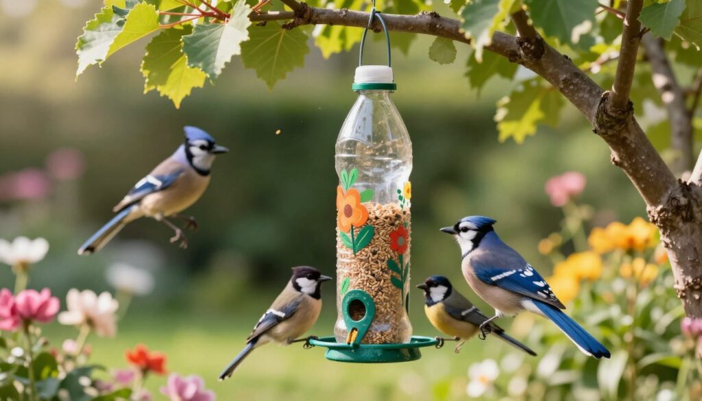A creative bird feeder made from recycled plastic bottles hangs from a tree branch in a vibrant garden. The foreground features the bottle feeder, adorned with colorful designs and filled with birdseed, inviting feathered friends. In the middle ground, various birds like blue jays and finches are perched around the feeder, adding life and movement to the scene. The background showcases a blurred mix of lush green foliage and blooming flowers, enhancing the natural setting. Soft, warm sunlight filters through the leaves, casting gentle shadows and creating a peaceful atmosphere. The overall mood is cheerful and eco-friendly, perfect for showcasing innovative recycling ideas in nature.
