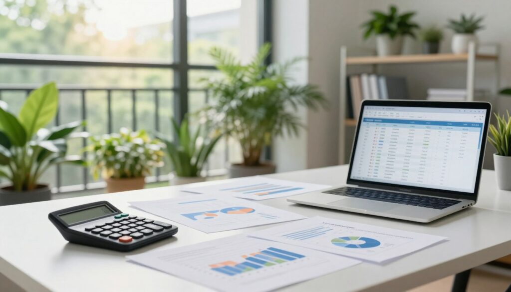 A detailed analysis of investment costs for an automatic balcony irrigation system, showcasing a professional setting. In the foreground, a modern desk cluttered with charts, graphs, and financial documents spread out, featuring a calculator and a laptop display showing a digital cost analysis spreadsheet. The middle ground includes an indoor balcony with lush green plants, softly illuminated by natural sunlight streaming through a large window, enhancing the serene atmosphere. In the background, a clean, minimalist office environment with shelves of books and indoor plants illustrates a commitment to sustainability. Use soft, balanced lighting, focusing on the documents and plants, with a slight depth of field to ensure clarity on the investment analysis theme. The mood is productive and focused, emphasizing careful financial planning and environmental consciousness.