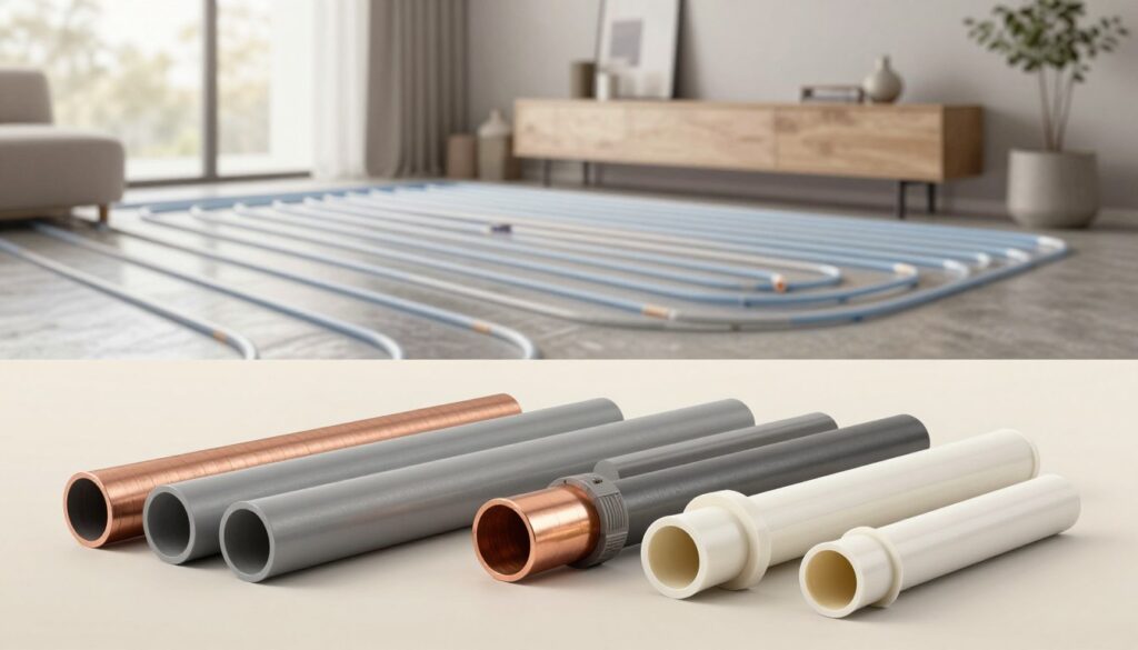 A detailed and informative illustration of various types of pipes used for underfloor heating, showcased in a modern setting. In the foreground, display an assortment of pipes made from different materials such as PEX, copper, and PVC, neatly arranged to highlight their unique properties and textures. The middle ground includes a partially installed underfloor heating system within a stylish, well-lit room, featuring a polished concrete floor and minimalist decor. The background features a soft gradient of neutral colors to enhance the focus on the pipes without distraction. The lighting is bright yet soft, emphasizing the quality and durability of the materials. The overall mood is professional and informative, conveying a sense of efficiency and modernity in home heating solutions.