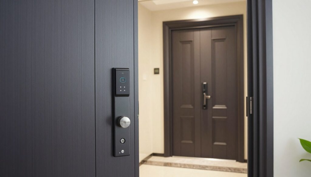 A detailed and informative scene showcasing the technical parameters of entrance doors. In the foreground, a pair of modern, stylish entrance doors made of sturdy material, emphasizing security features like reinforced locks and soundproofing properties. The middle ground features a well-lit home entryway, highlighting the door's aesthetic appeal with elegant hardware and a sleek design. In the background, soft, ambient lighting enhances the welcoming atmosphere, highlighting the door's integration into a contemporary apartment setting. The overall mood is calm and secure, promoting a sense of safety and sophistication. Capture the scene with a slightly angled perspective, showcasing the door's texture and craftsmanship, using a soft-focus lens to give a professional and polished look.