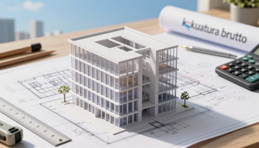 A detailed architectural rendering illustrating "kubatura brutto," showcasing the total volume of a stylish modern building. In the foreground, display a 3D model of the building with semi-transparent walls to emphasize the inner volume. In the middle ground, include architectural blueprints and measurement tools like a scale ruler and calculator, symbolizing precision in calculations. The background features a clear blue sky and a cityscape, representing a contemporary environment. The lighting is bright and natural, casting soft shadows to enhance depth. Capture the scene from a slightly elevated angle, providing a dynamic perspective that reflects the importance of understanding the gross volume concept. The atmosphere is professional and educational, inviting viewers to explore the architectural significance.