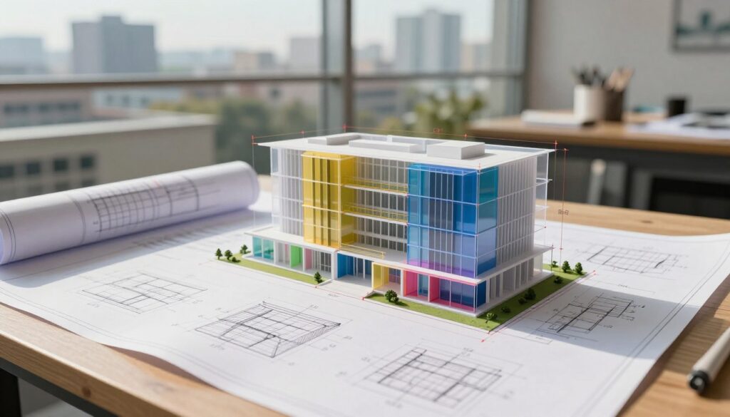 A detailed architectural visualization of a building's volumetric calculations, featuring a 3D model of a modern building. In the foreground, focus on a blueprint spread across a drafting table, with technical drawings and numerical notations illustrating cubic measurements. In the middle, showcase transparent overlays that depict the building's cubature in 3D, emphasizing the height, width, and depth in vibrant colors. In the background, create a soft-focus urban environment with other buildings and structures blending into the skyline. Natural daylight illuminates the scene, creating a bright, professional atmosphere. The setting should evoke clarity, precision, and a sense of planning and technical expertise, appealing to architects and engineers. No text, logos, or watermarks should be present in the image.