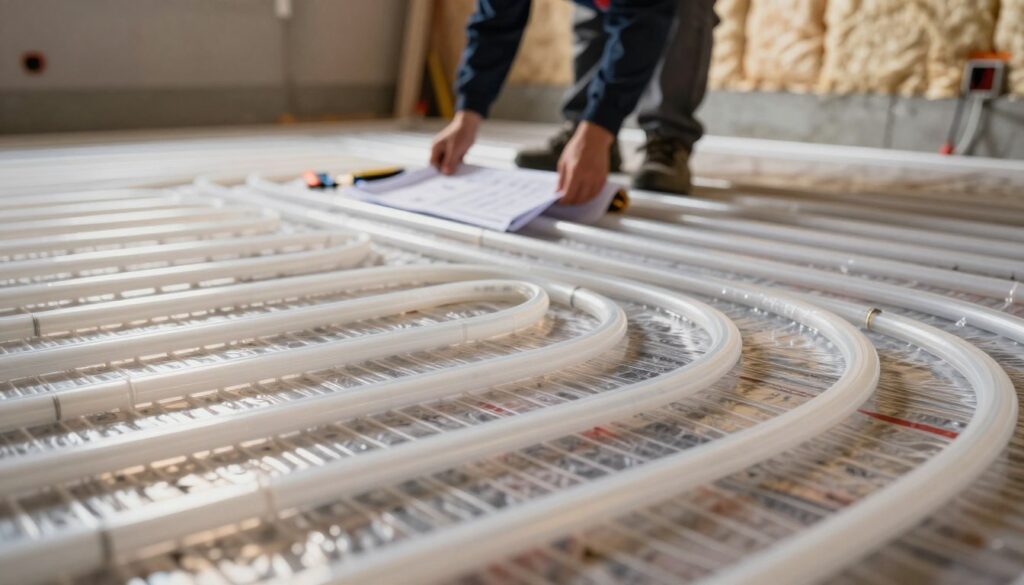 A detailed close-up illustration of underfloor heating pipes, showcasing a professional installation process. The foreground displays a series of neatly arranged, flexible, plastic heating pipes in a grid pattern, emphasizing their durability and efficiency. In the middle ground, a technician in professional attire is seen carefully laying out the pipes, using tools and blueprints to ensure precision. The background includes a partially finished room with concrete flooring and insulation material visible, conveying an atmosphere of construction and professionalism. Soft, warm lighting highlights the pipes and tools, creating a focused yet inviting mood. The image should have a slightly angled perspective to add depth, capturing the intricacies involved in a well-designed underfloor heating system.