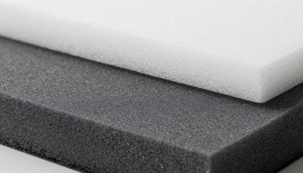 A detailed close-up of a textured piece of graphite polystyrene foam (styropian grafitowy) set against a neutral background. In the foreground, showcase the unique texture and color of the graphite foam, with its dark gray surface reflecting light subtly to highlight its insulating properties. In the middle ground, include a comparison piece of traditional white polystyrene foam for contrast, illustrating the differences in appearance. The background should be softly blurred to ensure focus on the comparison, with natural lighting that emphasizes the materials' characteristics. The overall mood should be informative and professional, suitable for an educational article. No text or branding elements should be present in the image. A detailed close-up of a textured piece of graphite polystyrene foam (styropian grafitowy) set against a neutral background. In the foreground, showcase the unique texture and color of the graphite foam, with its dark gray surface reflecting light subtly to highlight its insulating properties. In the middle ground, include a comparison piece of traditional white polystyrene foam for contrast, illustrating the differences in appearance. The background should be softly blurred to ensure focus on the comparison, with natural lighting that emphasizes the materials' characteristics. The overall mood should be informative and professional, suitable for an educational article. No text or branding elements should be present in the image.