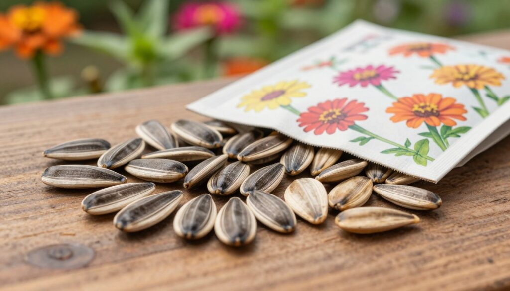 A detailed close-up of a variety of zinnia seeds displayed on a wooden surface, showcasing their unique shapes and colors. In the foreground, a handful of different zinnia seeds—some elongated, others rounded—highlighting the differences in size and texture. The middle ground features a rustic seed packet partially opened, with illustrations of the specific zinnia varieties. The background should include a softly blurred garden setting with zinnia plants blooming, hinting at their vibrant colors. Natural, soft lighting should create an inviting atmosphere with warm tones, evoking a sense of growth and connection to nature. The composition should have a slight overhead angle to capture the seeds clearly, emphasizing their differences.