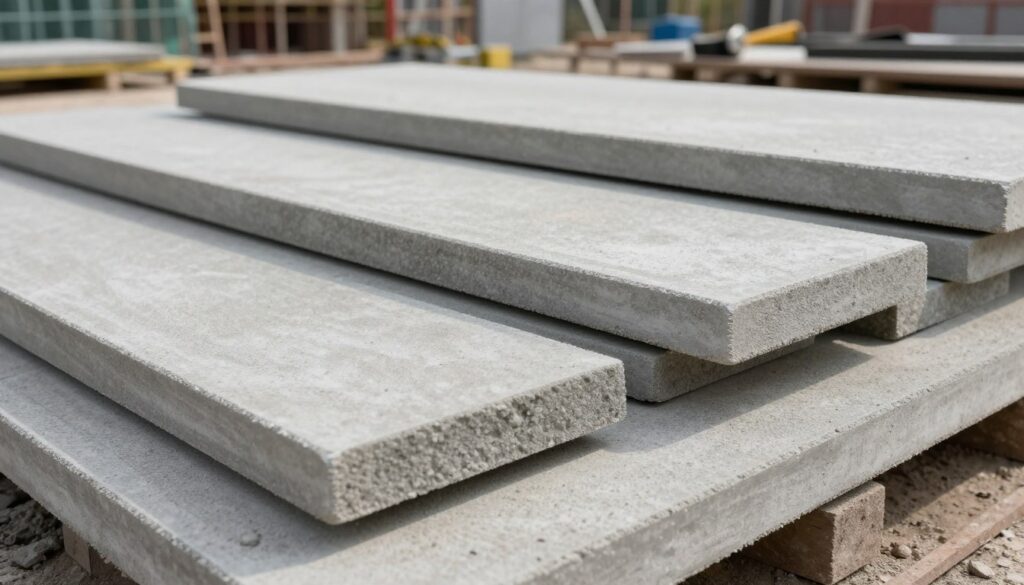 A detailed close-up view of a cluster of concrete sidewalk slabs ("płyty chodnikowe") in various sizes, showcasing their textured surfaces and edges. In the foreground, three slabs arranged in an artistic manner, highlighting their weight and dimensions with varying patterns. The middle ground features additional slabs stacked neatly to give depth. The background includes a soft-focus scenery of a construction site with tools and materials, subtly suggesting a working atmosphere. Natural daylight illuminates the scene, creating gentle shadows to enhance the three-dimensional effect. The lens should capture a slight angle to emphasize the thickness and weight of the slabs, evoking a sense of reliability and strength.