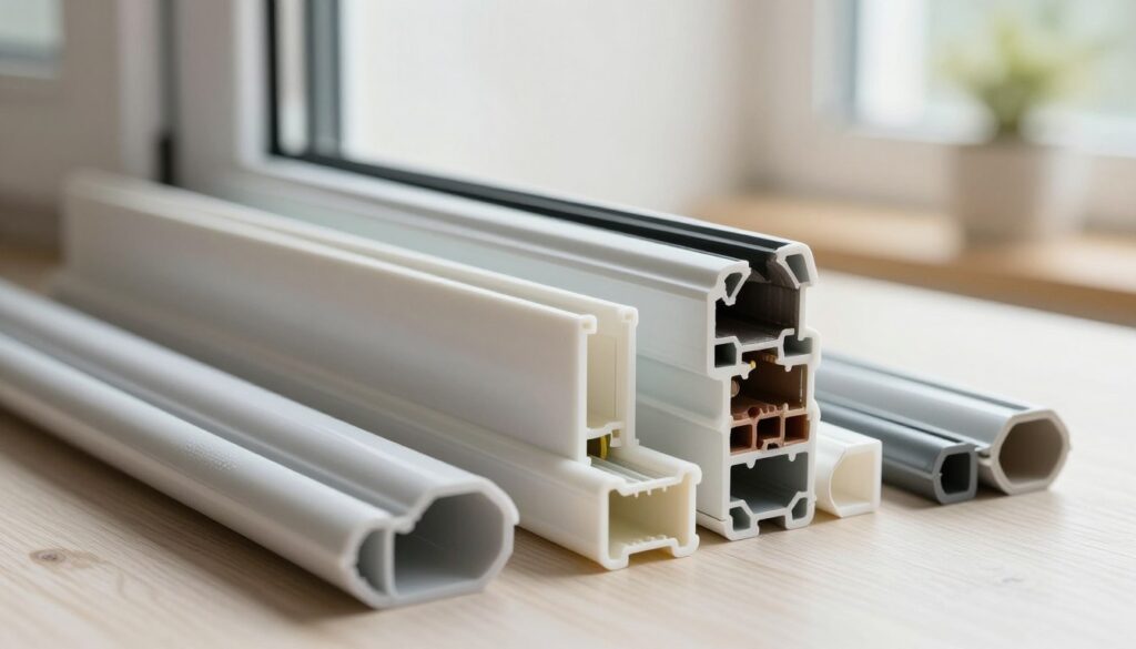 A detailed close-up view of a variety of plastic window seals, showcasing different shapes and thicknesses. In the foreground, several seals are arranged neatly, highlighting their unique features like flexible edges and textured surfaces. The middle layer includes a partially opened window frame, allowing a glimpse of the seals in place, accentuating their role in enhancing energy efficiency. In the background, a soft-focus interior environment with natural light streaming through the window, creating a warm and inviting atmosphere. The image should convey a sense of professionalism, with crisp detail and balanced lighting, capturing the importance of choosing the right seals for improved insulation.