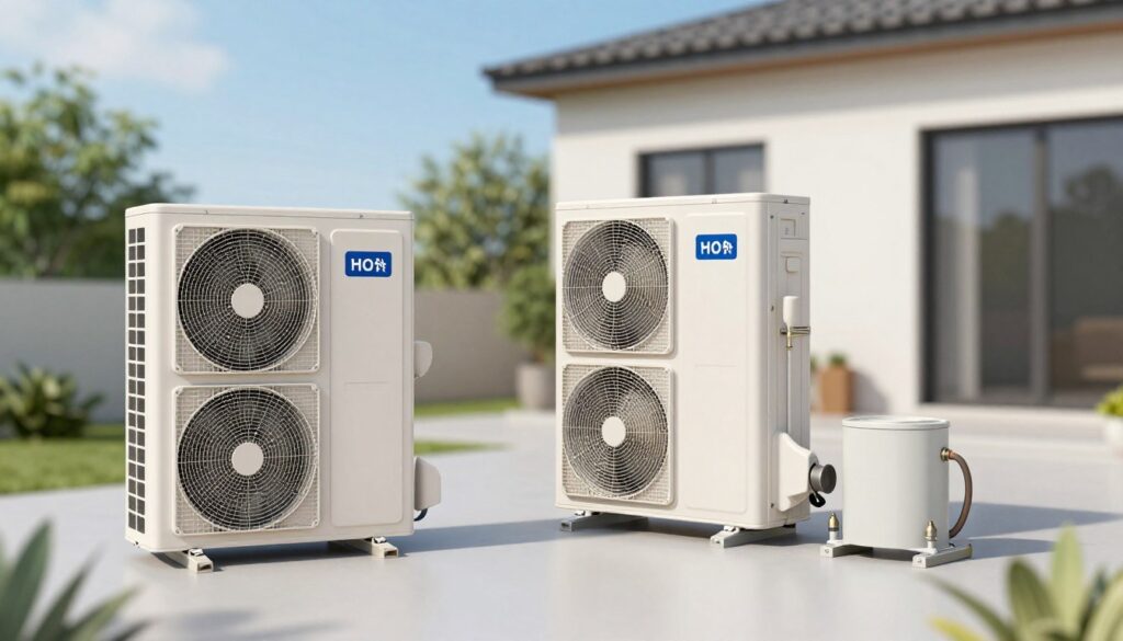 A detailed comparison illustration of split and monoblock air-to-water heat pumps, showcasing their key differences. In the foreground, feature a split system heat pump with its outdoor unit and an indoor unit, connected by simple piping. In the middle, display a monoblock heat pump, designed as a compact, all-in-one unit, with clear visual indicators of its components. In the background, depict a modern home setting with a subtle blue sky and green trees, conveying an eco-friendly atmosphere. Use natural lighting to enhance the clarity and details of both systems. The perspective should be slightly angled for depth, capturing the technology's contrast while maintaining a professional and informative mood.