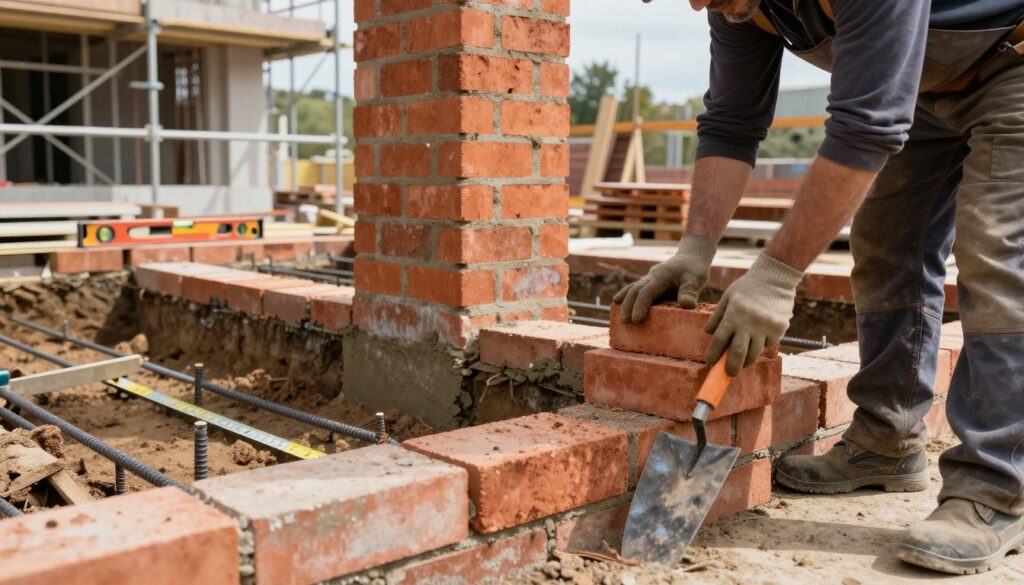 A detailed construction scene focusing on the technical aspects of masonry and foundation preparation. In the foreground, a skilled mason in professional attire is expertly laying bricks, using precise tools like a level and trowel. The middle ground features a partially completed brick chimney with mortar, while a newly dug foundation lies beneath, showcasing careful measurements and reinforcement bars. In the background, a construction site with scaffolding and building materials creates an industrious atmosphere. The lighting is bright and natural, simulating a clear day, enhancing textures and shadows. A low-angle perspective adds depth, emphasizing the craftsmanship and technical precision involved in the process. The overall mood is focused and professional, representing dedication to quality in construction work.