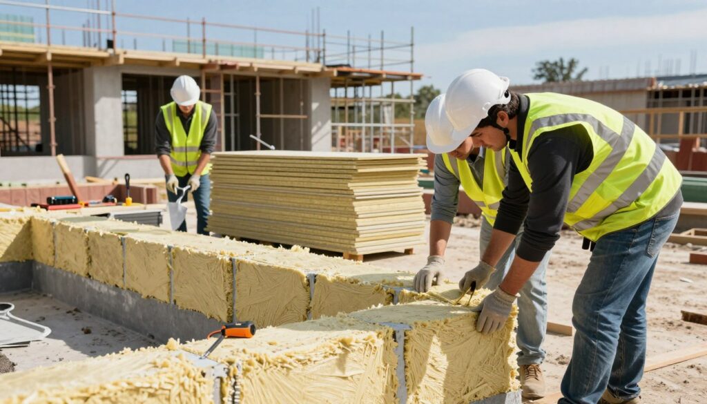 A detailed construction site featuring professionals in smart casual attire diligently working on insulating building foundations. In the foreground, two workers are carefully applying insulation material to the exposed foundation walls, showcasing correct techniques. In the middle ground, stacks of insulation boards and tools, like trowels and measuring tapes, are organized neatly, emphasizing efficiency and organization. The background shows a partially constructed building with scaffolding under a clear blue sky, allowing natural light to illuminate the scene. The atmosphere is focused and industrious, conveying the importance of avoiding common construction mistakes in foundation insulation. The image captures a sense of teamwork and professionalism, perfect for illustrating construction best practices.