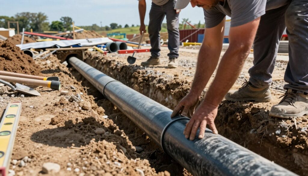 A detailed construction site showcasing the installation of a drainage system. In the foreground, focus on two workers in professional attire, carefully positioning drainage pipes in a freshly excavated trench, soil piled beside them. In the middle ground, display the drainage system components: perforated pipes, gravel, and landscape fabric, with tools like shovels and levels scattered about. The background should feature a clear blue sky and distant trees, emphasizing an outdoor setting. The lighting is bright and natural, casting shadows on the ground, creating a sense of an active workday. The atmosphere conveys diligence and precision, highlighting the technical aspects of drainage installation for effective long-term performance.
