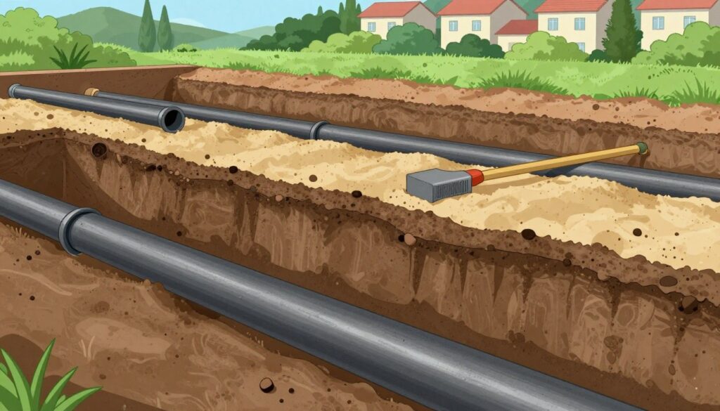 A detailed, cross-section illustration showing the appropriate depth for drainage pipes buried in different soil types, like clay, sand, and loam. In the foreground, visualize a clearly marked drainage pipe in a trench, with soil layered above it representing various textures, capturing the contrast between each type. The middle ground features additional pipes and tools used for installation, while a background landscape includes greenery and residential buildings, hinting at effective drainage management. Soft, natural lighting highlights the textures of the soil and pipes, creating an informative yet serene atmosphere. Angled from above, the perspective should emphasize depth and clarity in the various soil layers, offering an educational view of how deep drainage pipes should be installed for optimal performance.